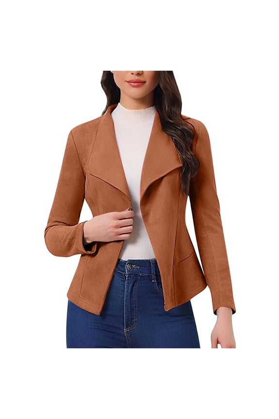 Womens Faux Leather Jackets Trendy Suede Open Front Cropped Coat Fashion Elegant Lightweight Work Office Jackets for Women