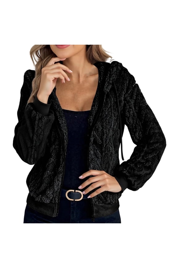Womens Fuzzy Fleece Jacket Zip Up Warm Sherpa Lined Hoodie Oversized Faux Fur Fluffy Winter Coats Drawstring Winter Jackets