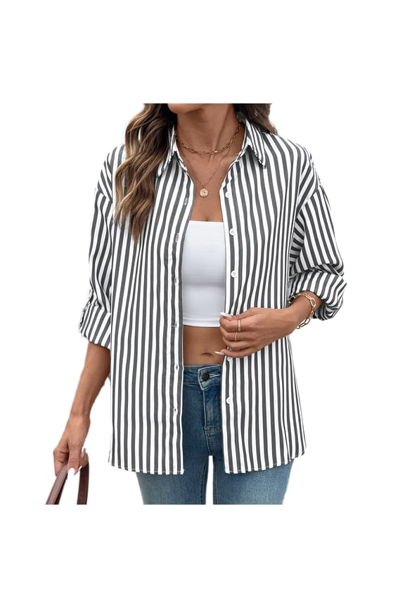 Womens Jacket Trendy Button Down Striped Long Sleeve Coat Casual Classic Lightweight Collared Office Work Jackets for Women