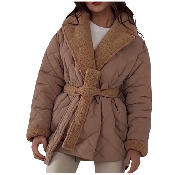 wdsxpo Womens Jacket Trendy Fleece Lined Puffer Jacket Cropped Cotton Zip Up Quilted Jacket Lightweight Winter Warm Coat with Belt
