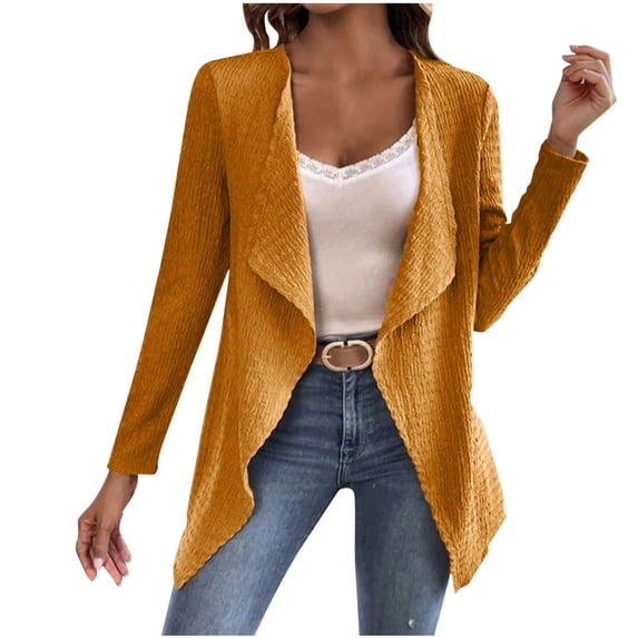 wdsxpo Womens Jacket Trendy Lapel Draped Pleated Knit Cardigans Irregular Hem Open Front Jacket Casual Lightweight Fall Coats