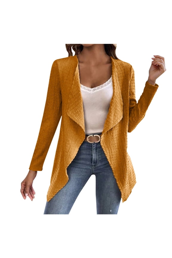Womens Jacket Trendy Lapel Draped Pleated Knit Cardigans Irregular Hem Open Front Jacket Casual Lightweight Fall Coats