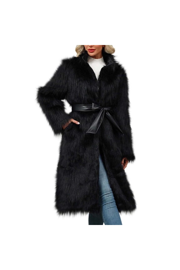 Womens Long Faux Fur Coat Oversized Loose Winter Jackets Trendy Luxury Trench Coat Open Front Lapel Outerwear with Belt