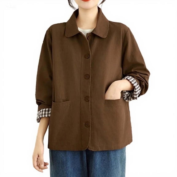 wdsxpo Womens Oversized Barn Jacket Button Down Notch Lapel Jackets Fall Color Block Vintage Lightweight Trench Coat with Pockets