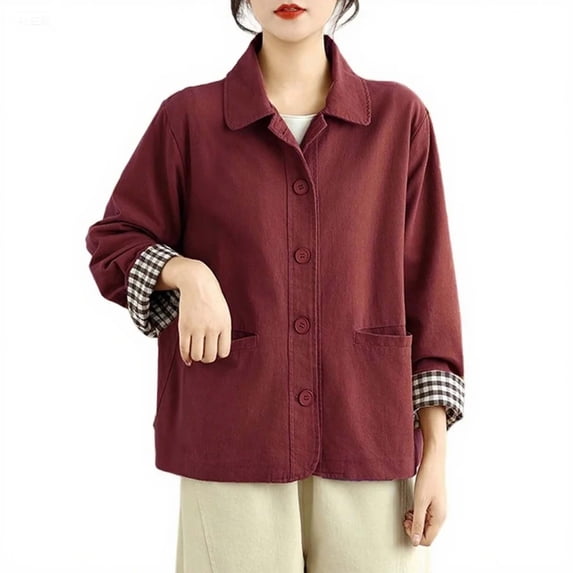 wdsxpo Womens Oversized Barn Jacket Button Down Notch Lapel Jackets Fall Color Block Vintage Lightweight Trench Coat with Pockets