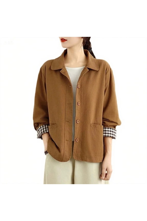 Womens Oversized Barn Jacket Button Down Notch Lapel Jackets Fall Color Block Vintage Lightweight Trench Coat with Pockets