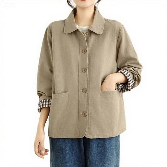 wdsxpo Womens Oversized Barn Jacket Button Down Notch Lapel Jackets Fall Color Block Vintage Lightweight Trench Coat with Pockets