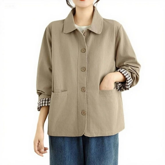 wdsxpo Womens Oversized Barn Jacket Button Down Notch Lapel Jackets Fall Color Block Vintage Lightweight Trench Coat with Pockets