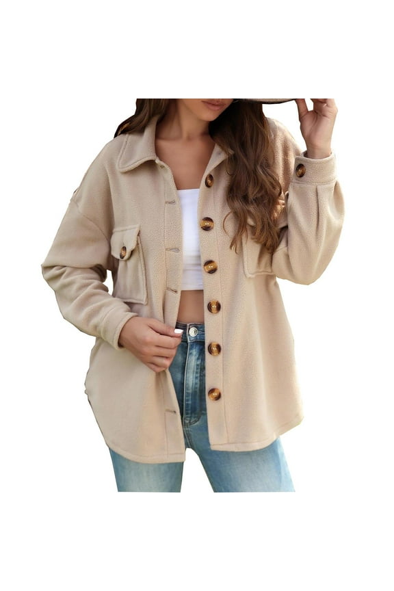 Womens Oversized Fleece Jakcets Button Down Sherpa Shacket Fuzzy Coats Casual Warm Teddy Outwear Jackets with Pockets
