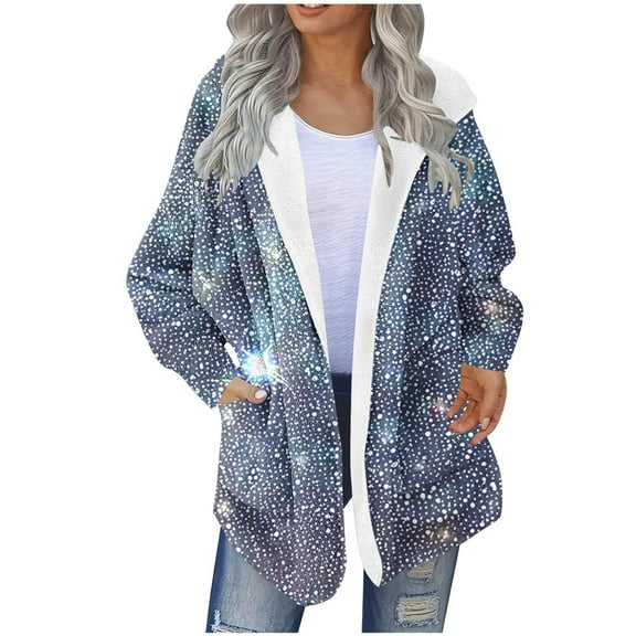 wdsxpo Womens Winter Jackets with Hood Printed Plus Size Warm Fluffy Fleece Jacket Trendy Casual Fuzzy Long Sweater Cardigan Coat