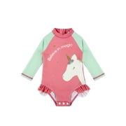 weVSwe Baby Girl Swimsuit UPF 50+ Long Sleeve Rash Guard One Piece Swimwear, Infant Bathing Suit with Snap Closure for Babies & Toddlers 0-3T, Beach Pool Summer