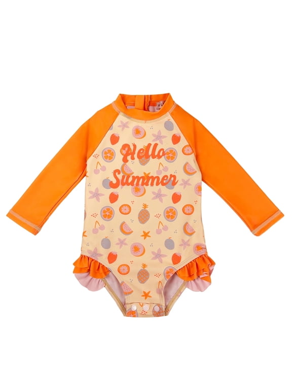 Baby Girl Swimsuit UPF 50+ Long Sleeve Rash Guard One Piece Swimwear, Infant Bathing Suit with Snap Closure for Babies & Toddlers 0-3T, Beach Pool Summer