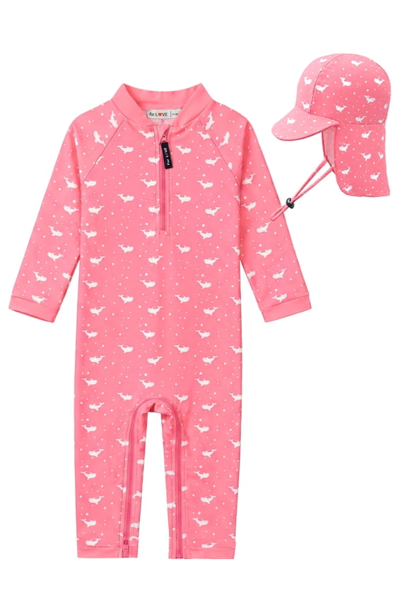 Toddle Girls Swimsuits With Sun Hat 0-3Years - UPF 50+ Sun Protection Baby Rash Guard Swimswear
