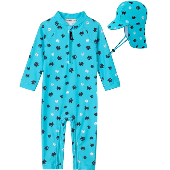 weVSwe Baby Boy Swimsuit Set with Sun Hat, UPF 50+ Toddler Rash Guard, Long Sleeve One-Piece with Front and Crotch Zippers, 0-3T