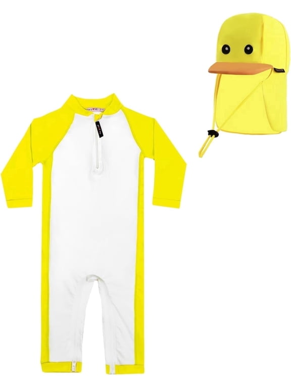 Baby Boy Swimsuit Set with Sun Hat, UPF 50+ Toddler Rash Guard, Long Sleeve One-Piece with Front and Crotch Zippers, 0-3T