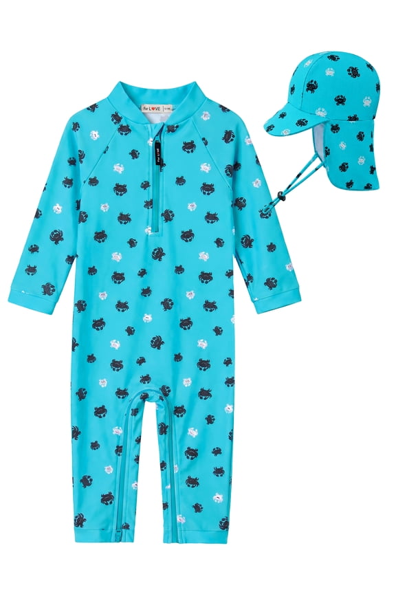 Toddler Boy Swimsuit With Sun Hat 0-3Years -UPF 50+ Rash Guard Baby Swimsuit with Crotch Zipper kids swimsuits