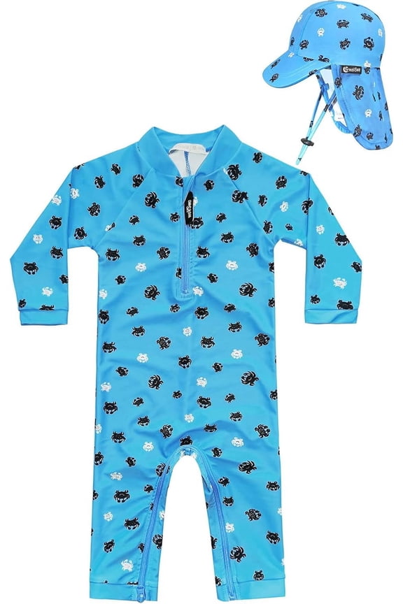Toddler Boy Swimsuit With Sun Hat 0-3Years -UPF 50+ Rash Guard Baby Swimsuit with Crotch Zipper kids swimsuits