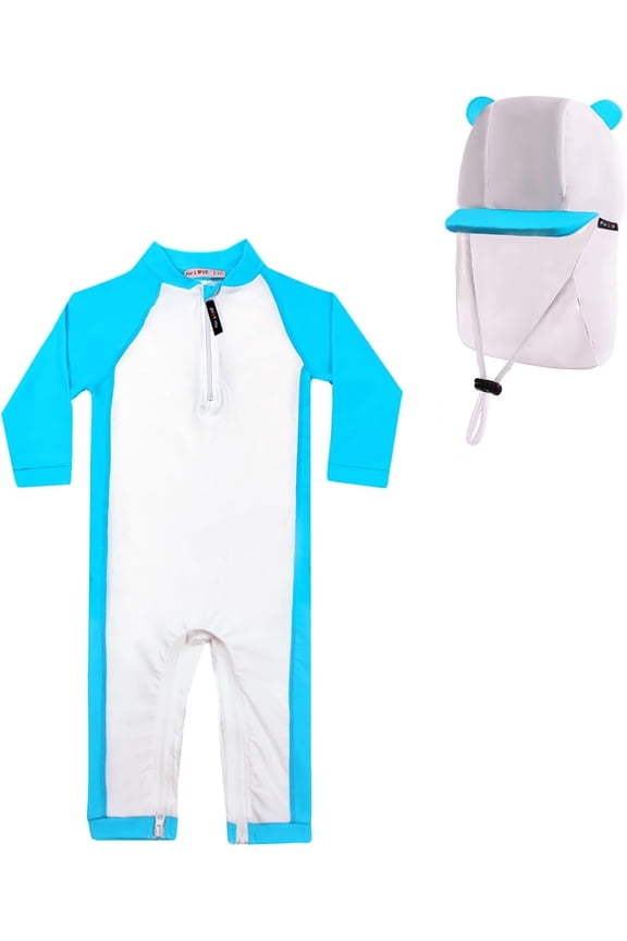 Toddler Boy Swimsuit With Sun Hat 0-3Years -UPF 50+ Rash Guard Baby Swimsuit with Crotch Zipper kids swimsuits