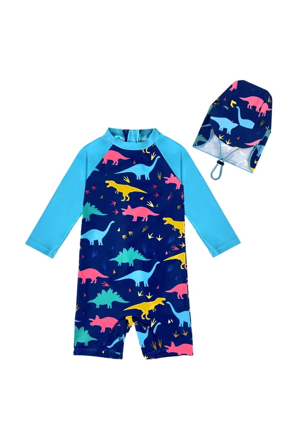 Toddler Boy Swimsuit with Sun Hat 0-3 Years Old, UPF 50+ UV Protection One Piece Swimsuit, Back Zipper Cute Printed Kids Swimwear