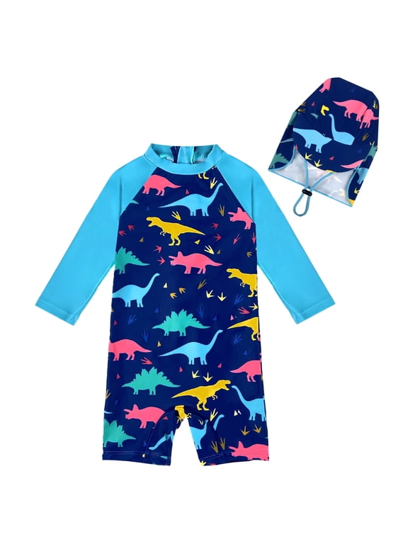 Toddler Boy Swimsuit with Sun Hat 0-3 Years Old, UPF 50+ UV Protection One Piece Swimsuit, Back Zipper Cute Printed Kids Swimwear