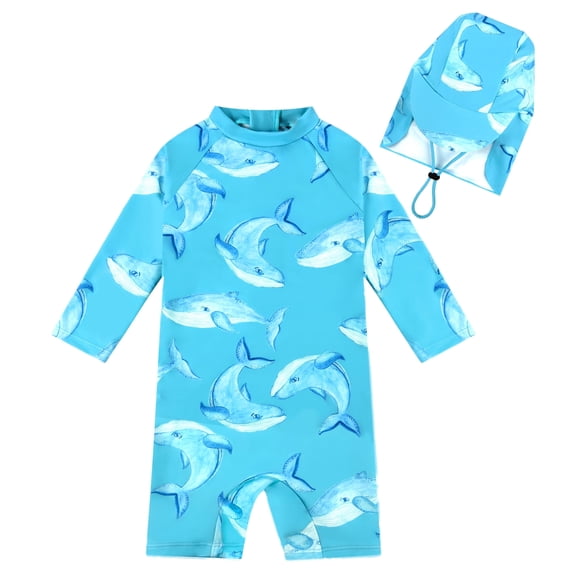 weVSwe Toddler Boy Swimsuit with Sun Hat 0-3 Years Old, UPF 50 UV Protection One Piece Swimsuit, Back Zipper Cute Printed Kids Swimwear