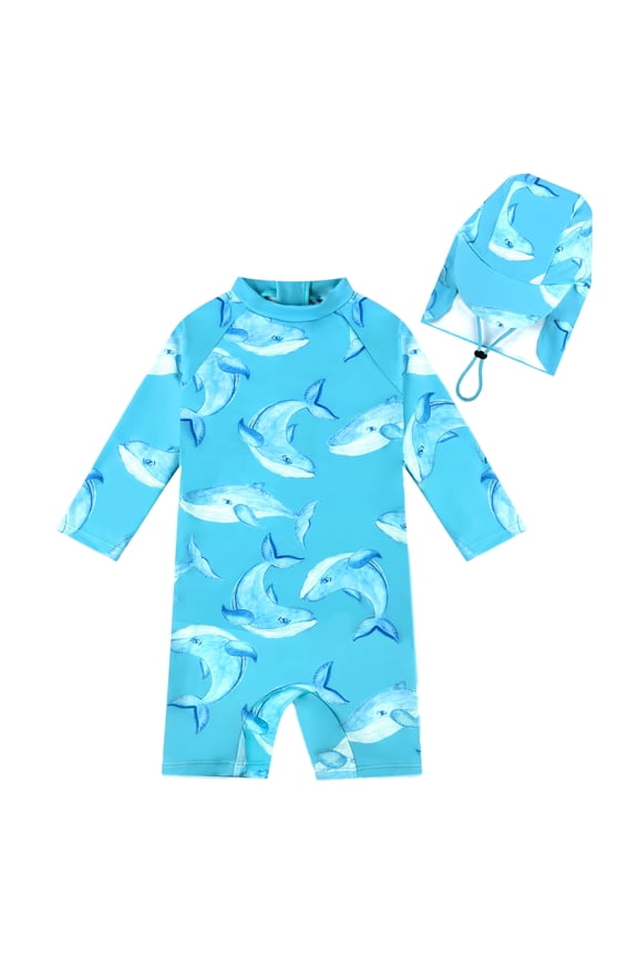 Toddler Boy Swimsuit with Sun Hat 0-3 Years Old, UPF 50+ UV Protection One Piece Swimsuit, Back Zipper Cute Printed Kids Swimwear