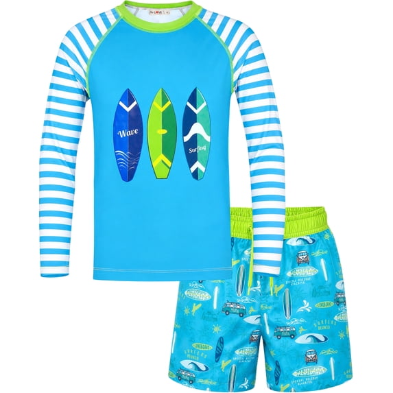 weVSwe Toddler Boys UPF 50+ 2PC Rash Guard Set Swim Trunks Long Sleeve Swimsuits