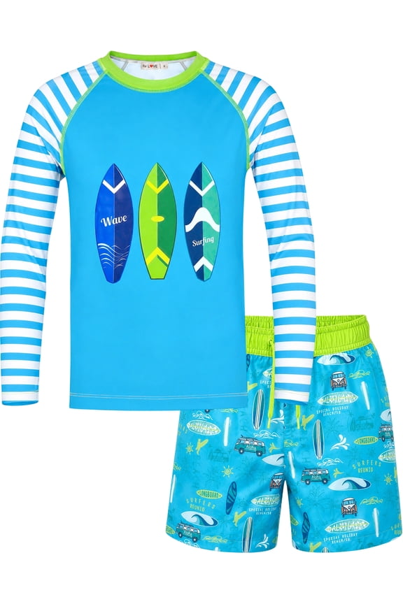 Toddler Boys UPF 50+ 2PC Rash Guard Set Swim Trunks Long Sleeve Swimsuits