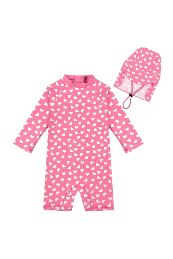 Toddler Girl Swimsuit with Sun Hat 0-3 Years Old, UPF 50+ UV Protection One Piece Swimsuit, Back Zipper Cute Printed Kids Swimwear