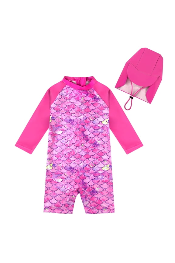 Toddler Girls Swimsuit with Hat, 0-3 Years, UPF 50+ Sun Protection, Back Zipper, Beautiful Design