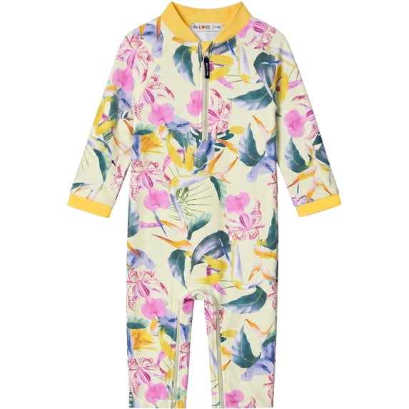 weVSwe Toddler Swimsuit 0-3T, UPF 50+ Long Sleeve Baby Rash Guard, Pale Yellow Floral