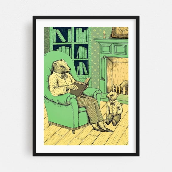 A weasel reading a book to a young weasel - Illustration Animal Whimsical Library Reading Surrealism Victorian Black Framed Wall Art Print 20 x 30 inches