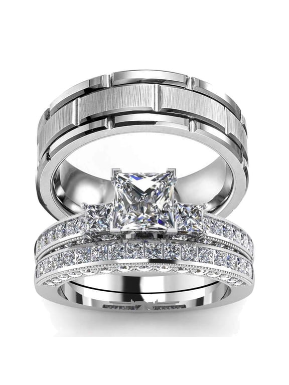 His Hers Couples Matching Rings Women's 10k White Gold Filled Heart CZ Wedding Engagement Ring Bridal Sets & Men's Tungsten Carbide Wedding Band women's size 5 & m