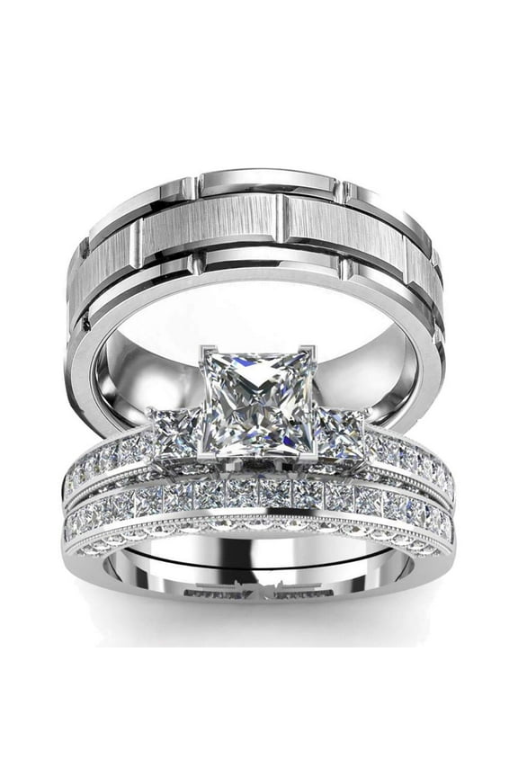 His Hers Couples Matching Rings Women's 10k White Gold Filled Heart CZ Wedding Engagement Ring Bridal Sets & Men's Tungsten Carbide Wedding Band women's size 5 & m