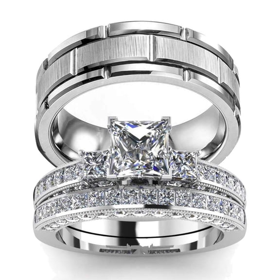 ringheart Matching Rings His and Her Rings Couple Rings Princess cut Cz Wedding Ring Sets for Men and Women Wedding Sets Engagement ring