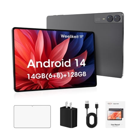 11 inch Android 14 Tablet FHD, 128GB ROM 1TB Expansion 14GB(6+8) RAM with T606 Octa-core , 2.4/5G WiFi 6, 13MP Dual Camera, 7000mAh Battery, GMS Certified (2025 Model)