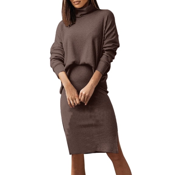 weeloloe Dresses for Women 2024 Casual Summer Long Sleeve High Neck Loose Slit Cotton Sundress Turtleneck Solid Color Beach Party Club Daily Formal Prom Business Midi Dress Brown L