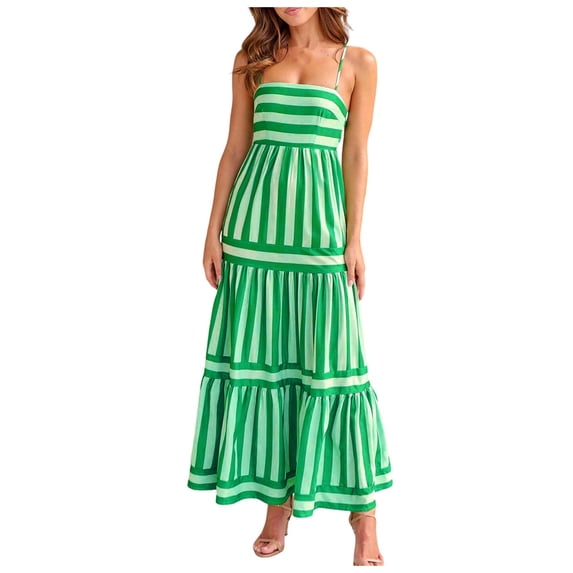 weeloloe Dresses for Women 2024 Casual Summer Sleeveless Spaghetti Strap Stipe Swing Flowy Tiered Ruffle Beach Sundress Loose Hem Party Daily Formal Club Midi Dress Green XL