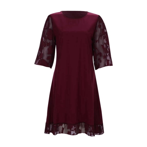 weeloloe Summer Dress Clearance Casual Summer Dresses for Women Short Sleeve Round Neck Loose Sundress Swing Ruffle Hem Solid Color Party Vacation Club Daily Beach Holiday Mini Dress Wine M