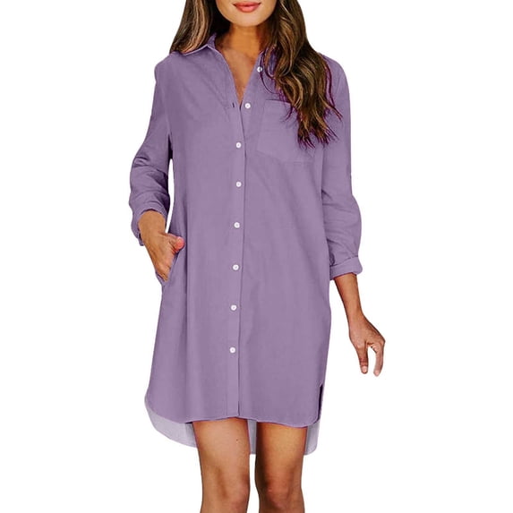 weeloloe Summer Dress Clearance Dresses for Women 2024 Casual Long Sleeve Turtleneck Loose Ruffle Hem Solid Color Swing Sundress Party Club Holiday Beach Daily Vacation Mini Dress Purple XL