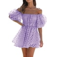 thumbnail image 1 of weeloloe Summer Dress Clearance Summer Dresses for Women 2024 Casual Short Puff Sleeve Strapless Loose Ruffle Sundress Swing Solid Color Hem Daily Vacation Beach Mini Dress Purple L, 1 of 7