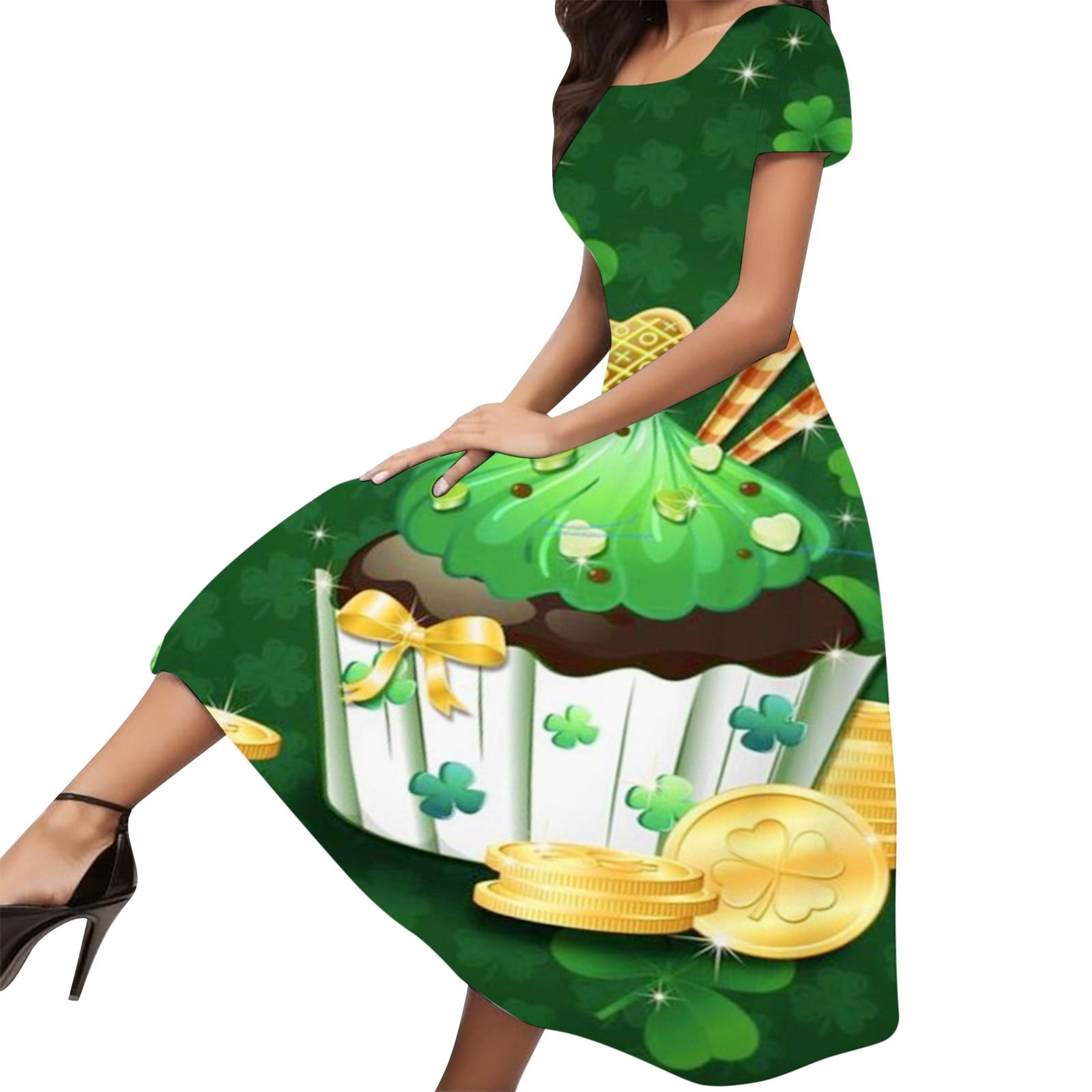 weeloloe Womens Dresses 2024 Spring Summer Short Sleeve Round Neck Floral Printed Loose Temperament Sundress Beach Club Party Daily Midi Dress Mint Green XL