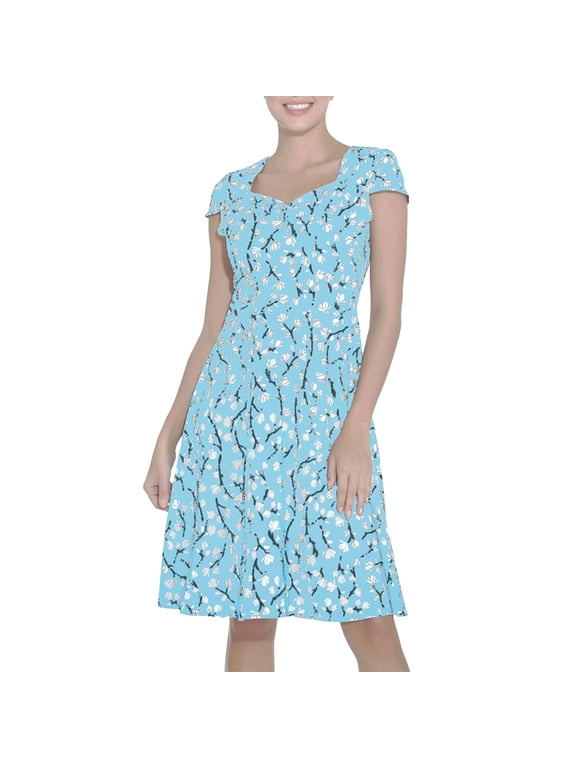 Womens Dresses 2024 Spring Summer Short Sleeve Square Neck Swing Ruffle Sundress Floral Printed Loose Beach Club Party Daily Midi Dress Blue S