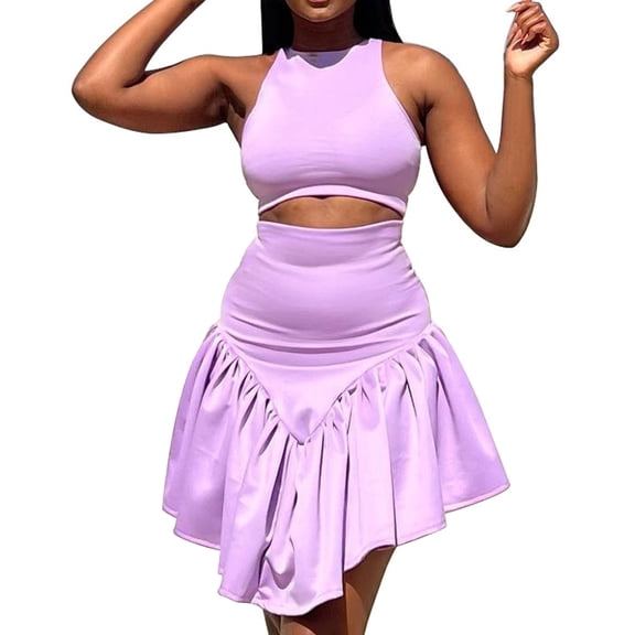 weeloloe Womens Dresses 2024 Spring Summer Sleeveless Strap Crewneck Irregular Loose Solid Color Beach Sundress Ruffle Party Daily Club Prom Midi Dress Purple XL