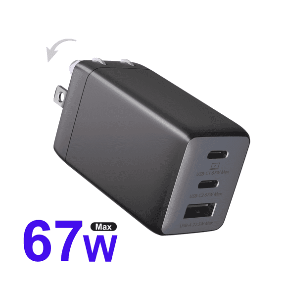 wegear 67W Multi-Port USB C Charger GaN Fast Charger Type C Block 3 in 1 Fast Wall Charger plug,Black