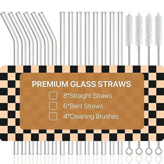 weibbin 12 Pcs Reusable Clear Glass Straws 10x215mm with 4 Brushes, Straight Bent Set