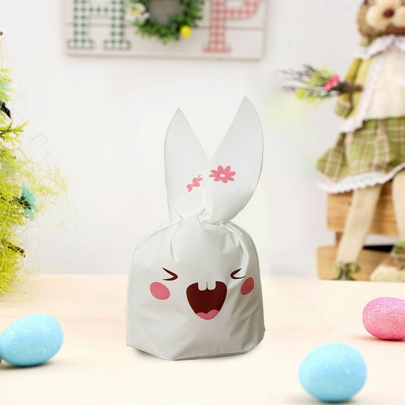 weibbin 50pcs Easter Rabbit Cellophane Bags with Pink Bunny Greeting Cards Easter Goodie Bags Self Adhesive Clear Candy Cookie Gift Bags with Transparent Stickers for Party Favor