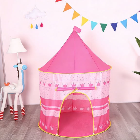 weibbin 53x35in Large Pop Up Play Tent for Indoor Outdoor Washable with Lights Flags Pink