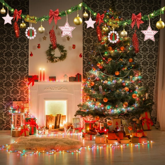 weibbin 86.6in Christmas Fireplace Backdrop Hanging Decor with Ornaments for Mantel Tree, Festive Party Scene Setter, Holiday Gift for Home