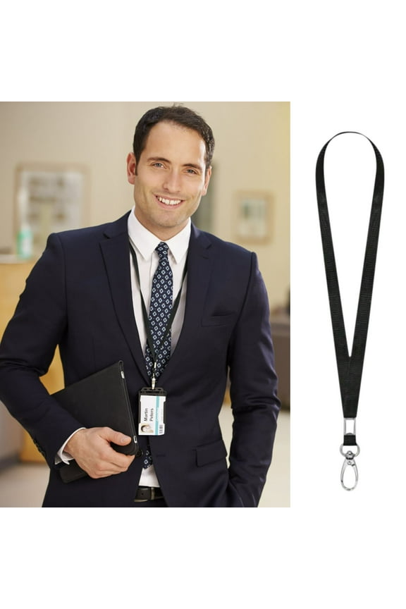 Black Flat Lanyards for ID Badge Card Holder Keychains, Comfortable Neck Straps with Metal Swivel Hook